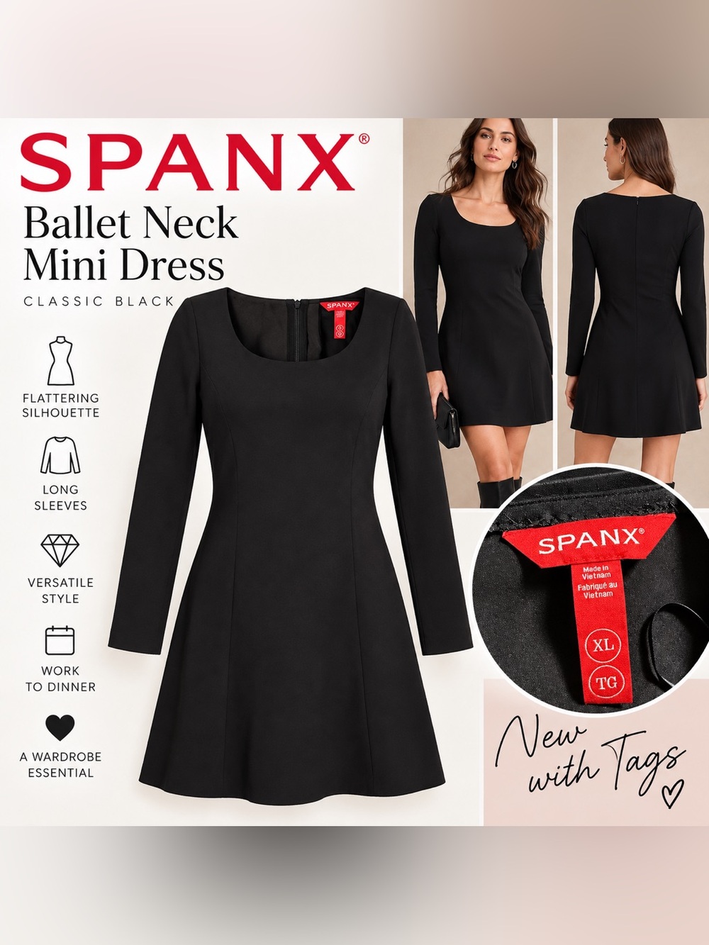 SPANX Black Ballet Neck Long Sleeve Mini Dress XL NWT